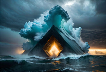 triangular structure with a glowing door is surrounded by a massive wave with clouds. The sky is dark and stormy. - obrazy, fototapety, plakaty