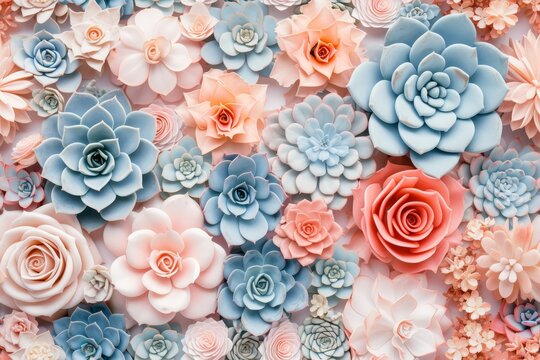 Succulent seamless pattern. Voluminous flowers and roses in appliqué style in soft pastel tones in 3D style. Trendy design, floral background illustration