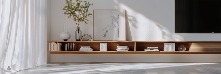 Modern interior in earthy colors and smoked oak wood console