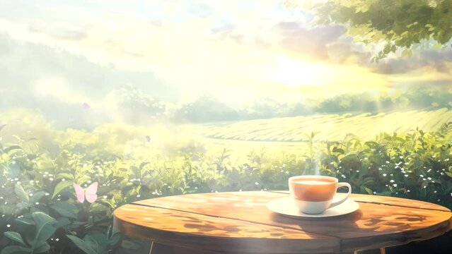 Tea Time Radiance: Luminous Morning Light in the Tranquil Tea Garden with Hot Tea. Cozy Atmosphere Seamless looping 4k time-lapse virtual video animation background