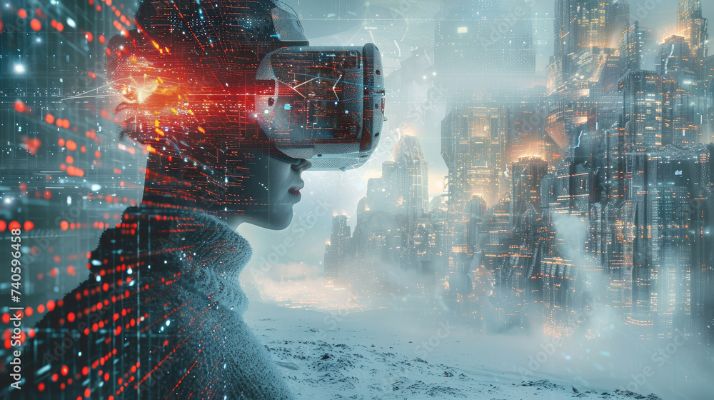 Poster Digital illustration of a user's metaverse presence, navigating through a futuristic virtual reality landscape, where digital technology and cyber world elements merge. Generative AI.