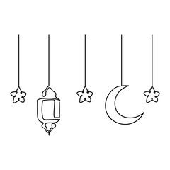 One continuous line drawing of Ramadan kareem. Islamic decoration with lantern, star and moon.