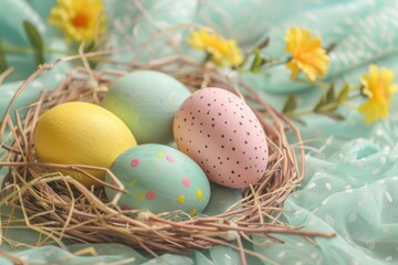Obraz premium Happy Easter Eggs Basket innocent. Bunny hopping in flower pastel colors decoration. Adorable hare 3d Blooming rabbit illustration. Holy week easter festive hunt Poster Design card easter sentiment
