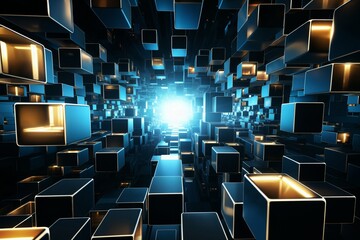 Fototapeta premium abstract dark mosaic background with many blue and golden block shapes and light effect, in the style of 3D rendering, digital art