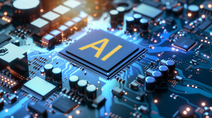 AI micro processor on motherboard background   , Generative AI - obrazy, fototapety, plakaty