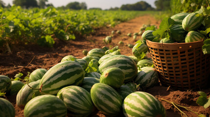 Watermelons on melons in the field.