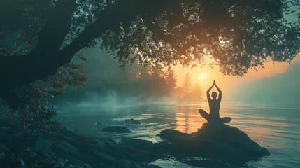 Fotobehang Morning Yoga Routine: Capture an individual practicing yoga at sunrise, with serene surroundings like a beach, forest, or mountaintop, showcasing the tranquility. Generative AI © Hokmiran
