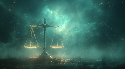 Scales of justice glowing under a celestial light, symbolizing law and fairness.