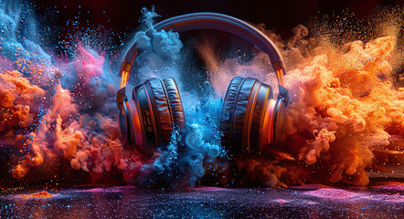 Vibrant headphones with dynamic smoke and colorful light effects on a dark background.