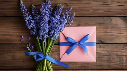 Bouquet of beautiful blue muscari and envelope on wooden brown background - obrazy, fototapety, plakaty