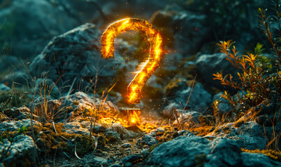 Mystical Glowing Question Mark Imprinted on Earthy Ground Signifying Curiosity, Mystery, and the Quest for Knowledge in a Natural Setting - obrazy, fototapety, plakaty