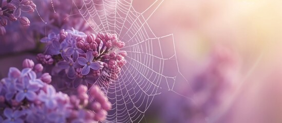 Intricate spider web draped over vibrant purple flower petals in nature