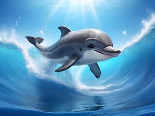 Cute Dolphin in Sparkling Waves, Cute Baby Dolphin Leaping in Sparkling Waves in the Ocean,  cute baby animals for kid's room decoration, Kid's wall art, Cute beautiful baby animals, Cute Dolphin 