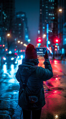 Person holding up a mobile phone displaying NO SIGNAL message on a city street at night, illustrating connectivity issues and urban communication challenges - obrazy, fototapety, plakaty