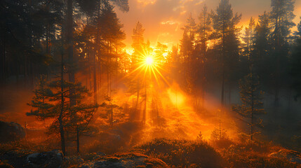 Morning mist covering rolling meadows and the sun rising over the horizon created with ,
Ein sonnenuntergang im wald mit der sonne, die durch die bäume scheint

 - obrazy, fototapety, plakaty