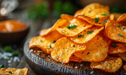 Crispy golden potato chips piled high, showcasing the texture and savory appeal of a popular snack, perfect for illustrating themes of food, indulgence, and comfort eating - obrazy, fototapety, plakaty
