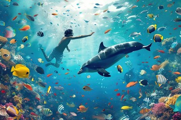 Dolphin, swimmer and fish swim underwater.