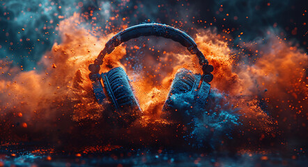 Headphones with colorful powder explosion on dark background, representing dynamic sound and music...