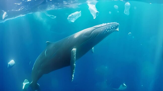 Video of a blue whale swimming in the deep blue ocean with plastics,substances that pollute water