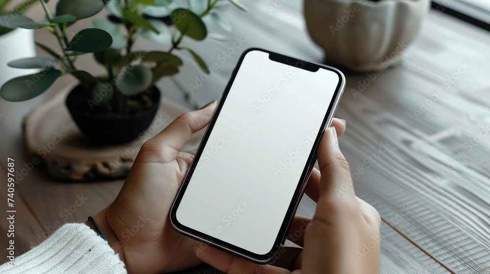 Poster businessman reading an informations on the phone screen. phone white screen mockup. empty mockup. ge