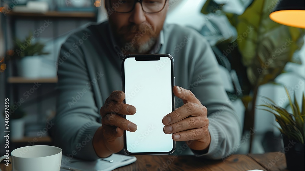 Poster businessman reading an informations on the phone screen. phone white screen mockup. empty mockup. ge