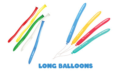 Flying long balloon bunch and uninflated balloons vector in cartoon style. Empty balloons and flying long balloons. Flat vector isolated on white background.