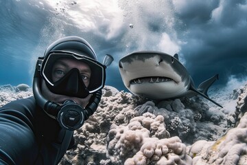 underwater images of a man and a shark