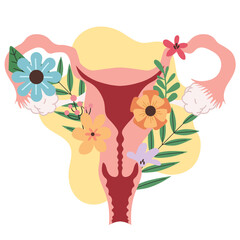 female reproductive system with flower on ovary in flat illustration