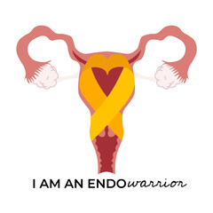 yellow ribbon in uterus for endometriosis awareness in flat illustration