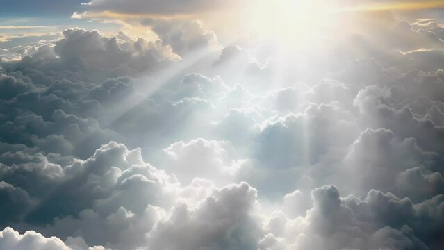 Sun rays shine through the tiny gaps between layers of layered stratocumulus clouds.