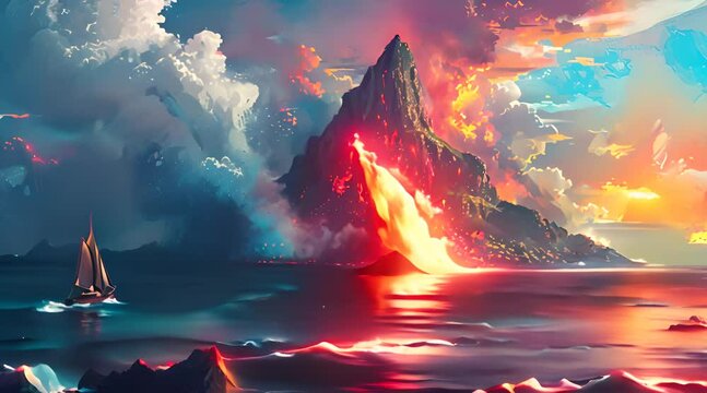 Fiery lava breaks out of the ocean in a beautiful island volcano 