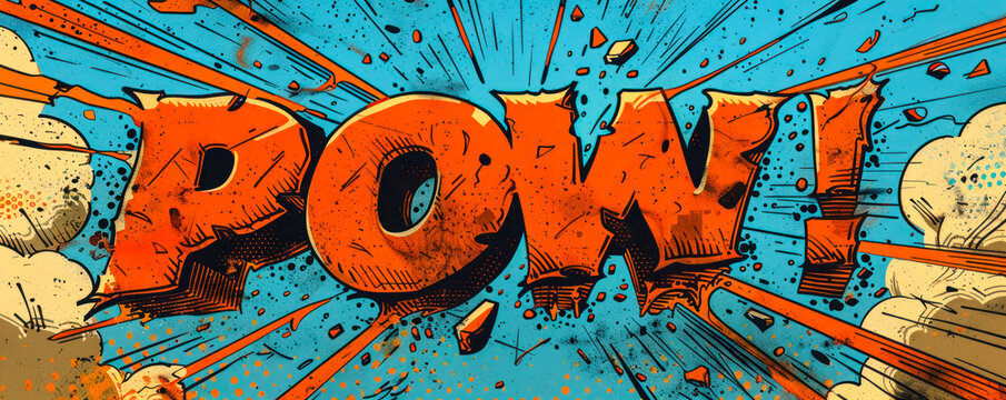 Classic comic book style POW! explosion bubble, with bold lettering and halftone dots, evoking action packed scenes and superhero narratives
