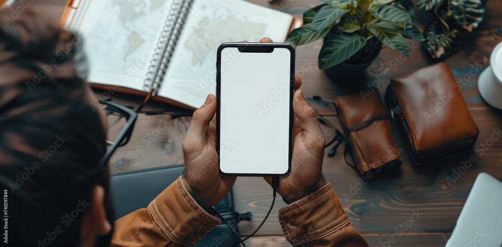 Poster businessman reading an informations on the phone screen. phone white screen mockup. empty mockup. ge