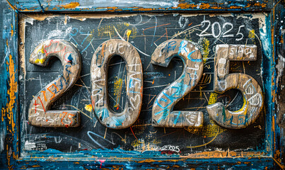 The year 2025 written in bold white chalk on a classic blackboard, symbolizing future planning, goal setting, and upcoming events in education or business