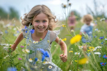 Sierkussen Children enjoying a summer day running through a field with bright wildflowers, conveying the essence of carefree outdoor games. © Vasili