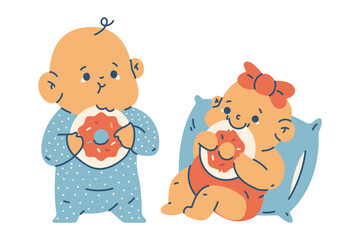 Cute baby girl and boy eat donut vector cartoon characters illustration isolated on a white background.