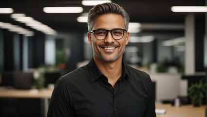 Confident male professional in black shirt and glasses at office environment smiling at camera