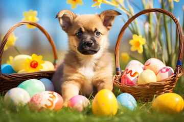 Easter card. Cute puppy dog lying on the lawn near basket with colorful Easter eggs