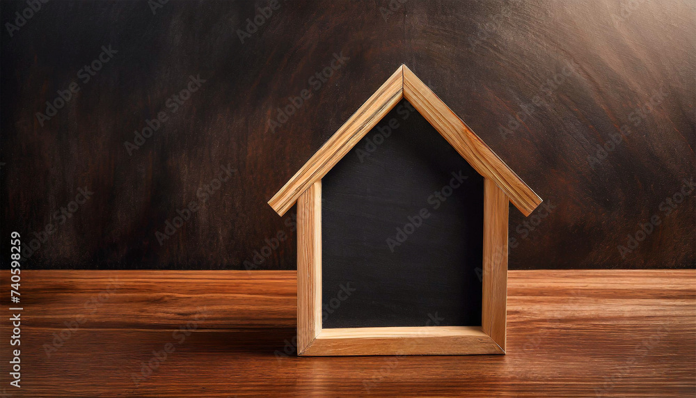 Poster closeup of an empty blackboard in the shape of a small wooden model house on a wooden table with cop