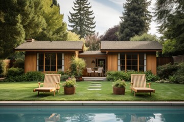 Tranquil poolside haven, relaxing lawn chairs with breathtaking backyard and pool view