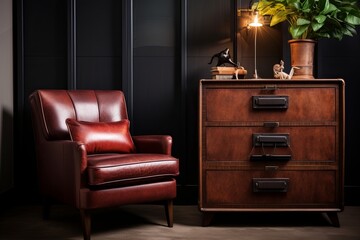 Chic Hollywood Glam: Brown Leather Armchair Designs with Wooden Cabinet Storage