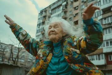 Obraz premium Vieille femme de bonne humeur dans une banlieue » IA générative