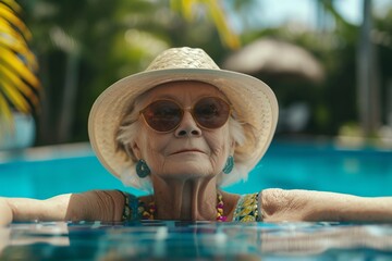 Vieille femme avec chapeau et lunettes de soleil se relaxant dans une piscine » IA générative