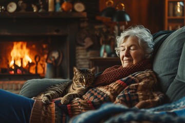 Vieille femme endormie au coin du feu avec son chat » IA générative - obrazy, fototapety, plakaty