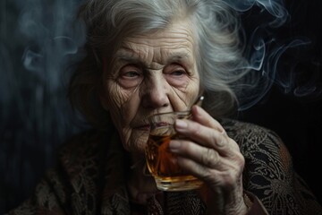 Portrait d'une vieille femme qui boit une tisane chaude » IA générative - obrazy, fototapety, plakaty