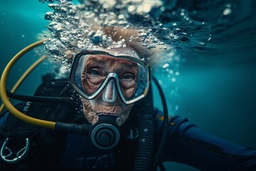 Vieille femme qui fait de la plongé sous-marine » IA générative - obrazy, fototapety, plakaty