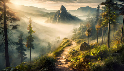 a path going through a foggy mountain valley at sunset , generated by AI - obrazy, fototapety, plakaty