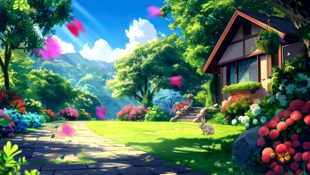 Sunny Garden Retreat: Frontyard Pathway Bliss Amidst Spring Blooms. Cartoon or Japanese anime painting style, fantasy background illustration, seamless looping 4K