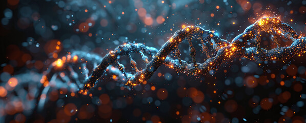 Abstract DNA strand with glowing nodes against a dark bokeh background, symbolizing biotechnology and genetic research. - obrazy, fototapety, plakaty