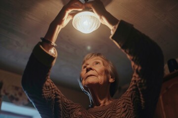 Portrait d'une vieille femme qui change une ampoule » IA générative - obrazy, fototapety, plakaty